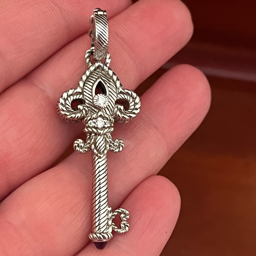 Judith Ripka .925 sterling silver key pendant, enhancer, amethyst stone